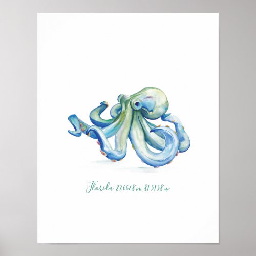 Watercolor Blue Octopus Map Coordinates Poster