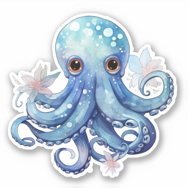 Watercolor Blue Octopus Sticker (Front)