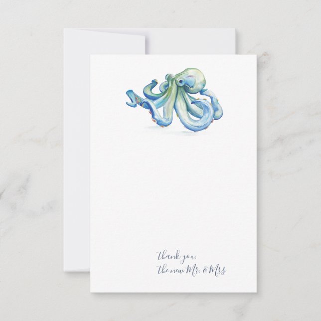 Watercolor Blue Octopus Thank You Stationery Note Card (Front)