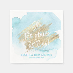 Watercolor Blue Oh the places he'll go Baby Shower Napkins