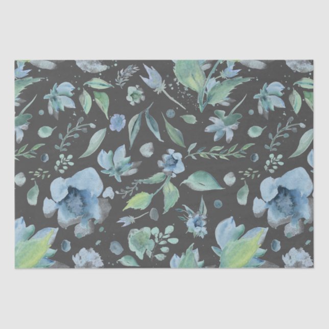 Watercolor Blue on Dark Gray Floral  Tissue Paper (Front)