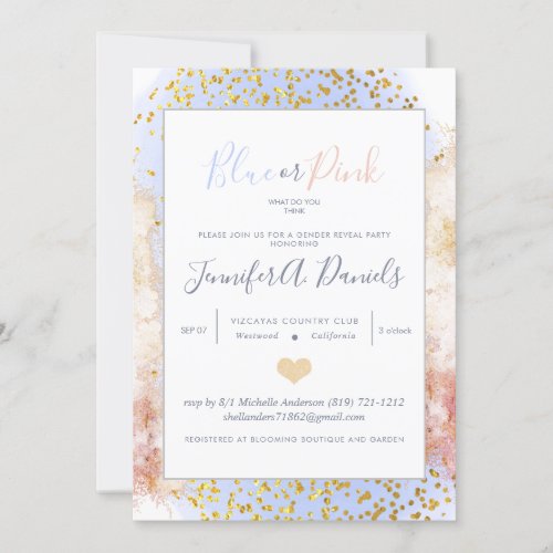 Watercolor Blue or Pink Gender Reveal Party Invitation