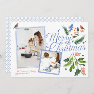 Watercolor Blue Orange Merry Christmas Two Photos Holiday Card