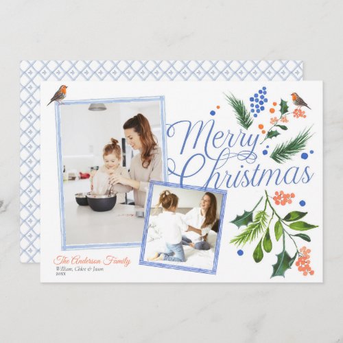 Watercolor Blue Orange Merry Christmas Two Photos Holiday Card