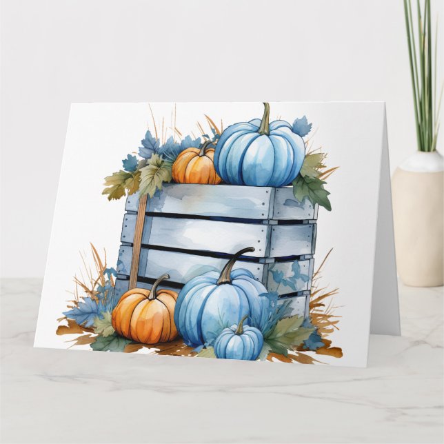 Watercolor Blue & Orange Pumpkin Crate Card (Front)