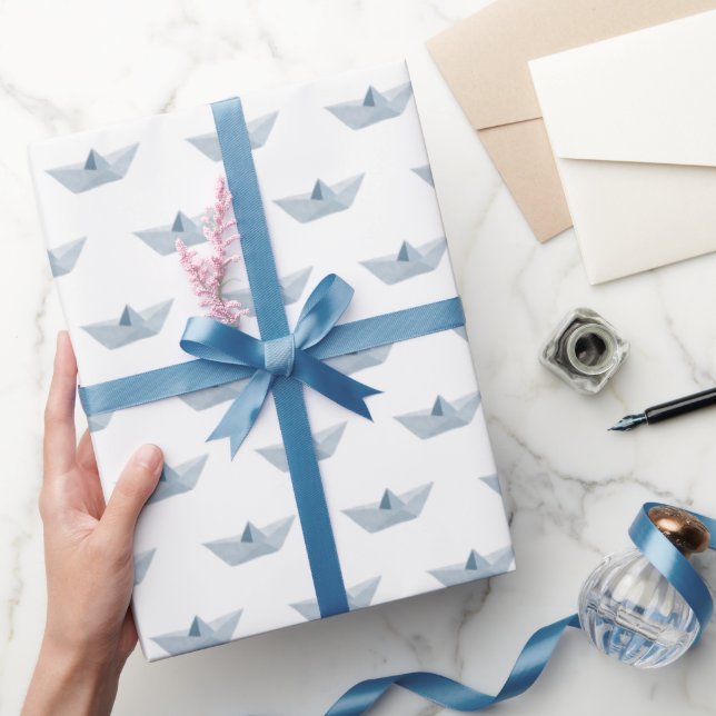 Watercolor Blue Origami Boat Wrapping Paper (Gifting)