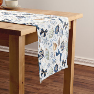 Watercolor Blue Ornaments Christmas Short Table Runner