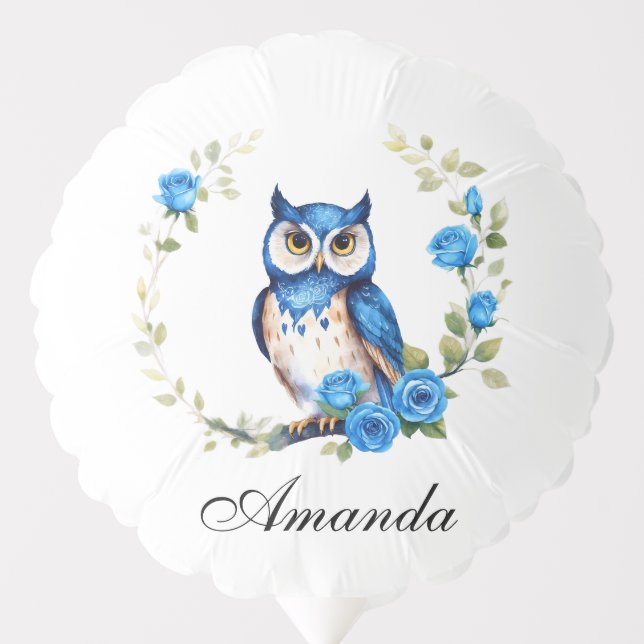 Watercolor Blue Owl and Roses Girly Balloon (Front)