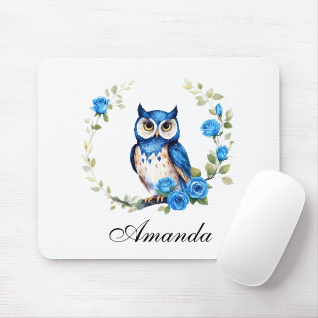 Watercolor Blue Owl and Roses Girly Mouse Pad (With Mouse)