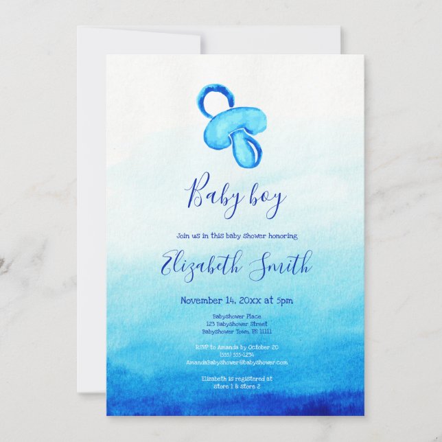 Watercolor blue pacifier babyshower invitation (Front)