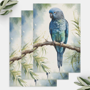 Watercolor Blue Parakeet Eucalyptus Decoupage Wrapping Paper Sheets