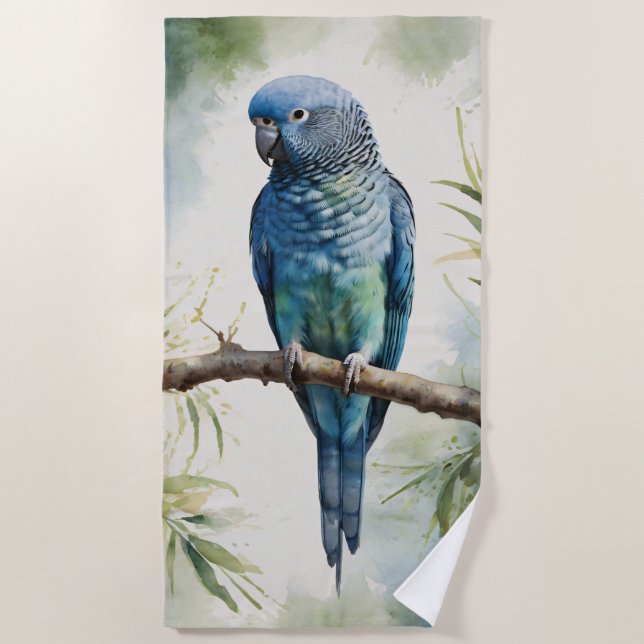 Watercolor Blue Parakeet Eucalyptus Tree Beach Towel (Front)