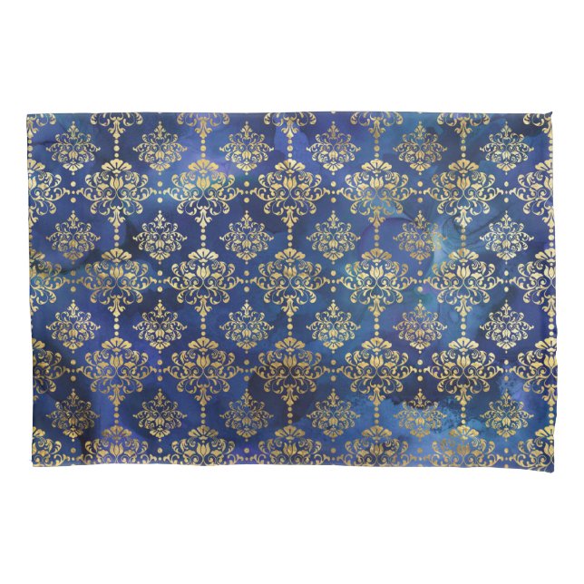 Watercolor Blue Pattern with Gold Damask Pillow Case (Front)