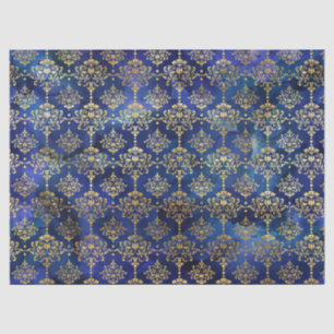 Watercolor Blue Pattern with Gold Damask Tissue Paper