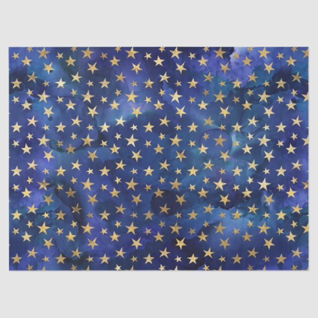 Watercolor Blue Pattern with Gold Stars Tissue Paper (Front)