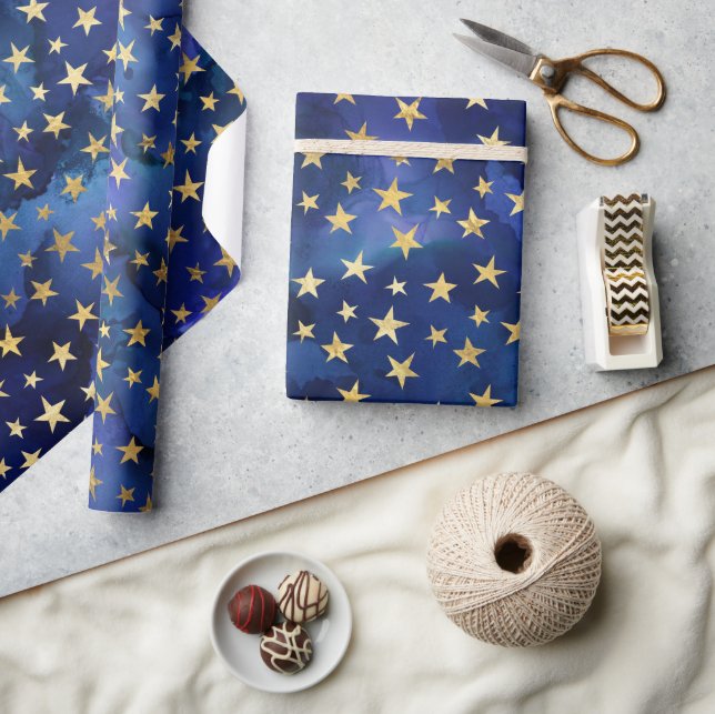 Watercolor Blue Pattern with Gold Stars Wrapping Paper (Crafts)