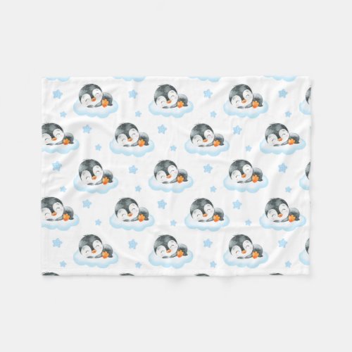 Watercolor Blue Penguin Clouds Baby Boy Crib Fleece Blanket