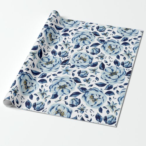 Watercolor Blue Peony Flower Pattern Wrapping Paper