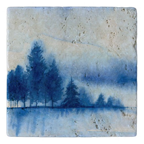 Watercolor Blue Pine Trees on stone Trivet