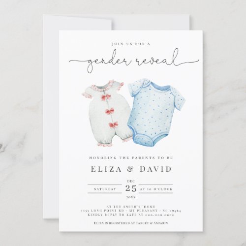  Watercolor Blue Pink Baby Clothes Gender Reveal Invitation