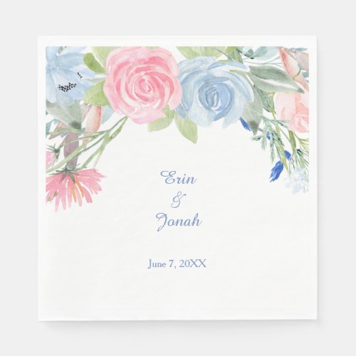 Watercolor Blue Pink Floral Border Wedding Paper Napkins