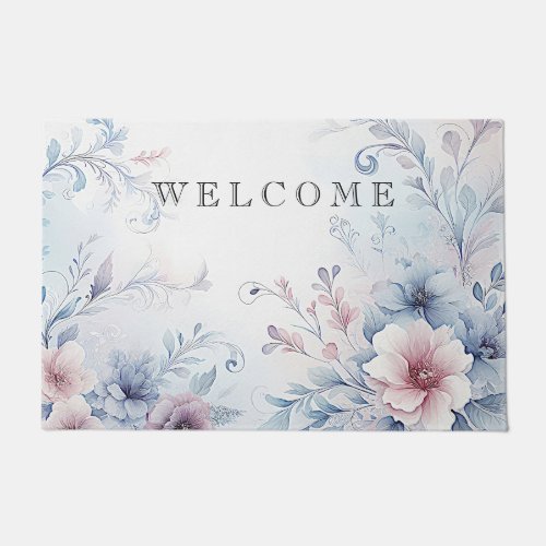 Watercolor Blue Pink Floral Doormat