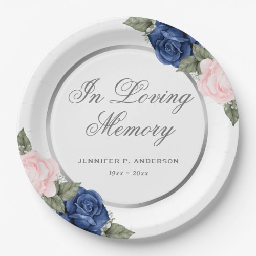 Watercolor Blue Pink Floral Memorial Funeral Paper Plates