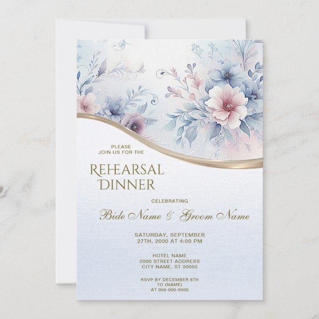 Watercolor Blue Pink Floral Rehearsal Dinner Invitation (Front)