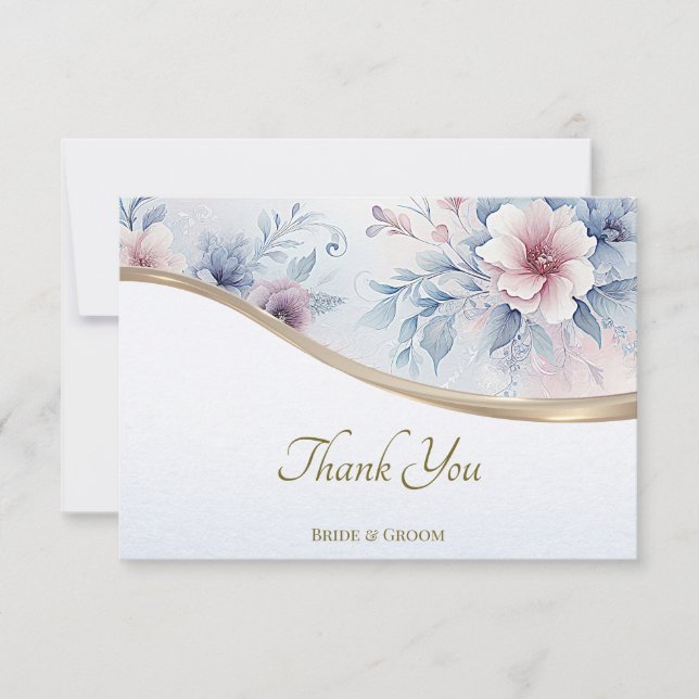 Watercolor Blue Pink Floral Thank You Card (Front)