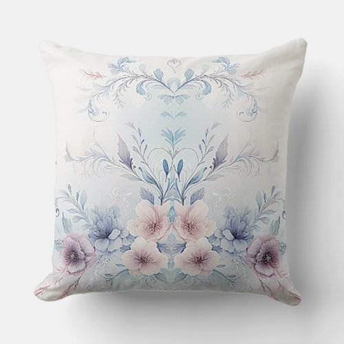 Watercolor Blue Pink Floral Throw Pillow