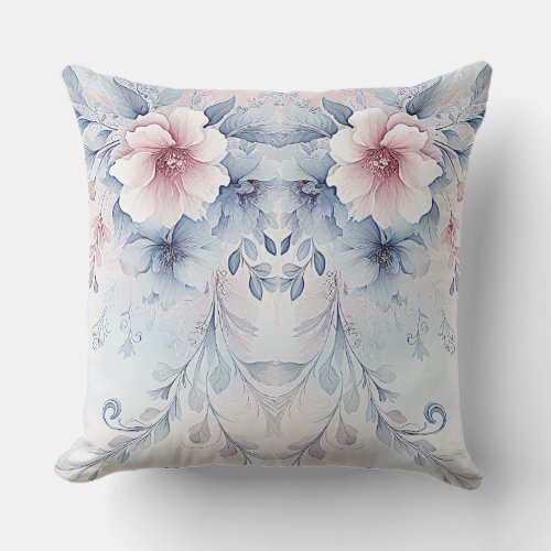 Watercolor Blue Pink Floral Throw Pillow