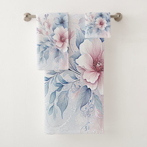Watercolor Blue Pink Floral Towel Set