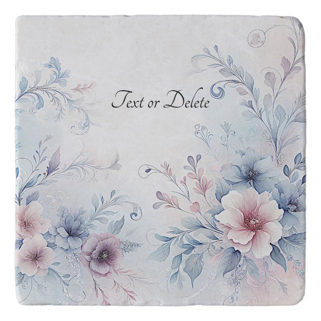 Watercolor Blue Pink Floral Trivet (Front)