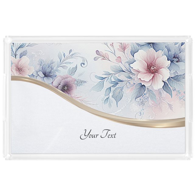 Watercolor Blue Pink Floral Vanity Tray (Front)