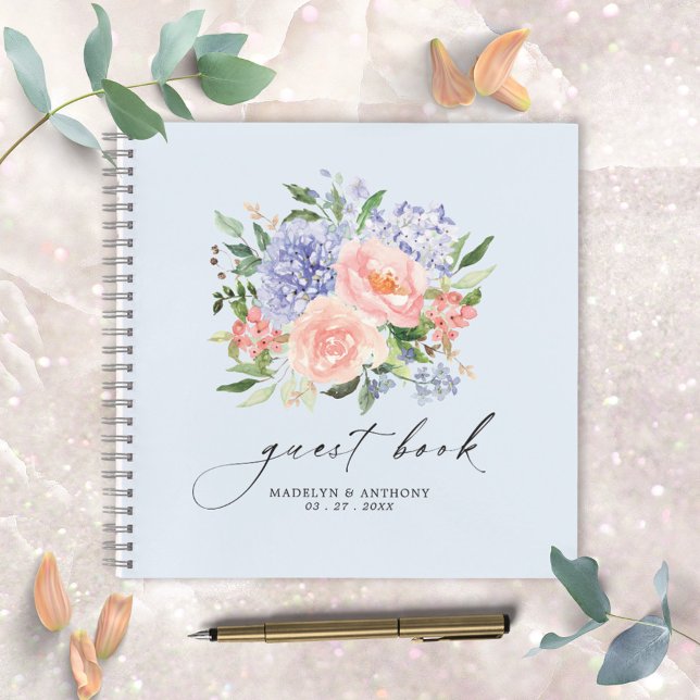 Watercolor Blue Pink Floral Wedding Guestbook Notebook (Close up photo)