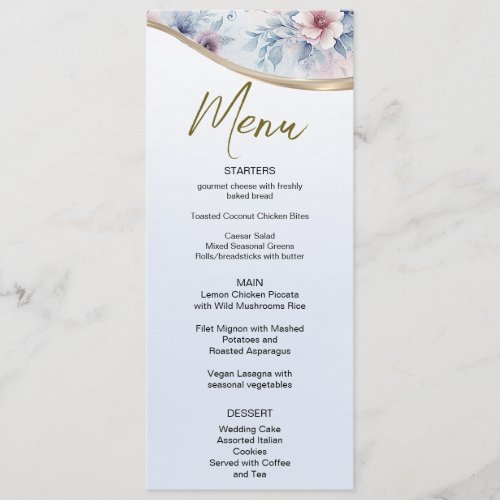 Watercolor Blue Pink Floral Wedding Menu