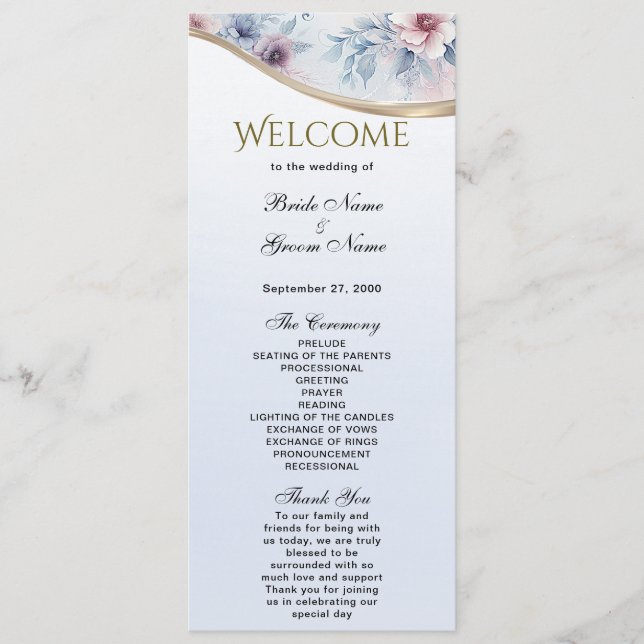 Watercolor Blue Pink Floral Wedding Program (Front)