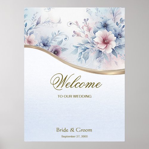 Watercolor Blue Pink Floral Welcome Poster Sign