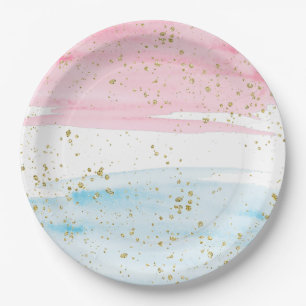 Watercolor Blue Pink Gender Reveal Party Paper Plates