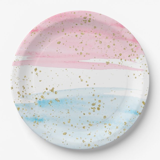 Watercolor Blue Pink Gender Reveal Party Paper Plates (Front)