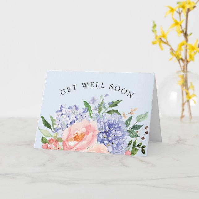 Watercolor Blue Pink Hydrangea Floral Get Well Card (Yellow Flower)