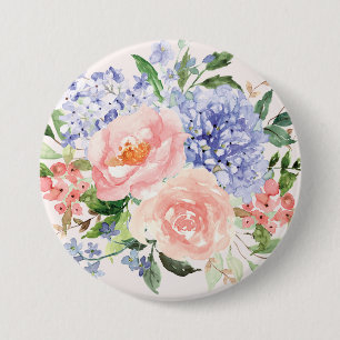Watercolor Blue Pink Hydrangea Peony Spring Floral Button