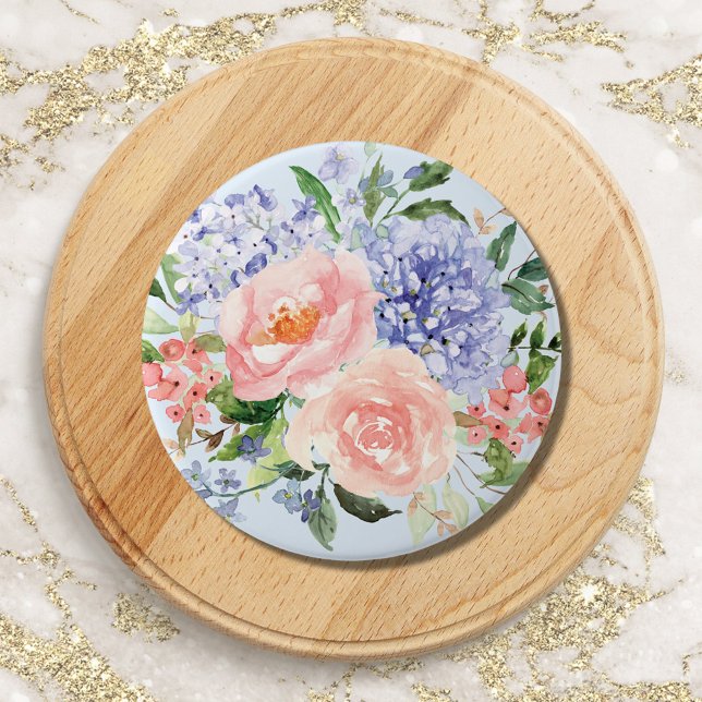 Watercolor Blue Pink Hydrangea Peony Spring Floral Button (Close up)