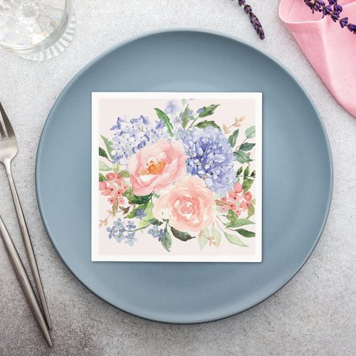 Watercolor Blue Pink Hydrangea Peony Spring Floral Napkins