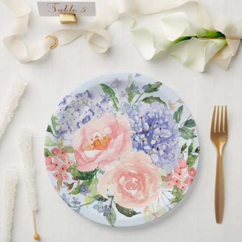 Watercolor Blue Pink Hydrangea Peony Spring Floral Paper Plates