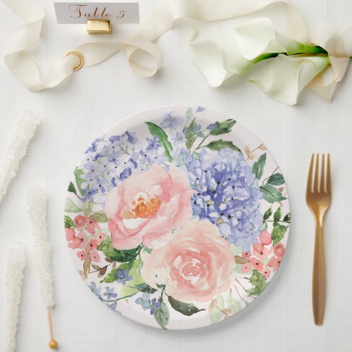 Watercolor Blue Pink Hydrangea Peony Spring Floral Paper Plates