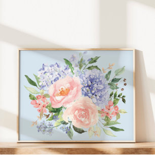 Watercolor Blue Pink Hydrangea Peony Spring Floral Poster