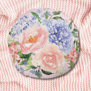 Watercolor Blue Pink Hydrangea Peony Spring Floral Round Pillow