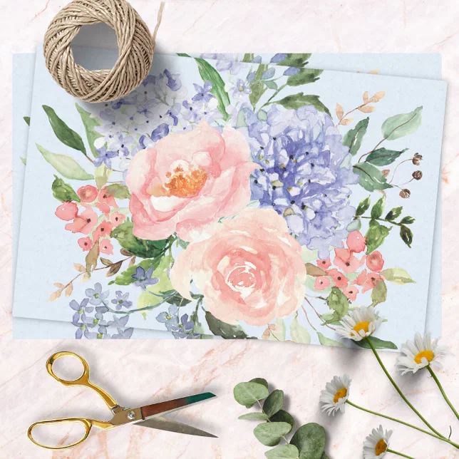 Watercolor Blue Pink Hydrangea Peony Spring Floral Tissue Paper | Zazzle