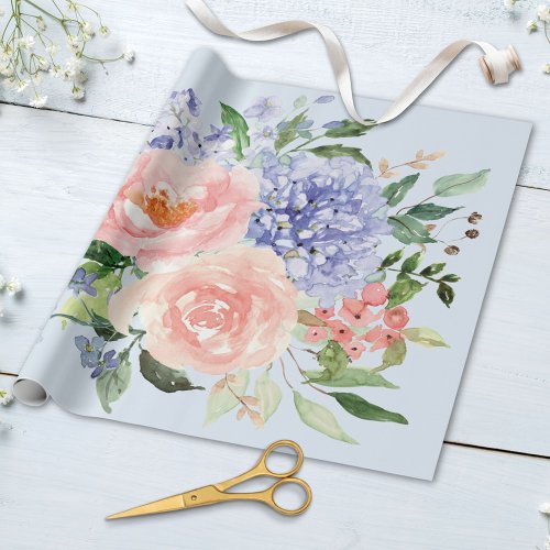Watercolor Blue Pink Hydrangea Peony Spring Floral Wrapping Paper
